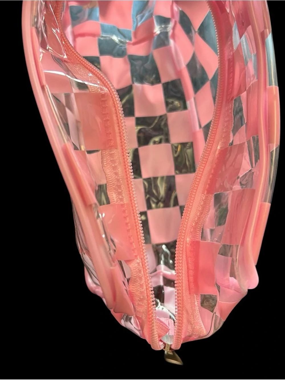 Clear Zippered Pouch Pink Checkered Transparent Cosmetic Case 8X6X4”